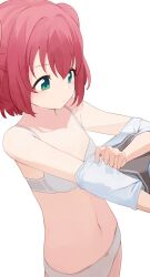 Rule 34 | 1girl, bare shoulders, bow, bow panties, bra, breasts, collarbone, commentary, expressionless, green eyes, hair between eyes, highres, hiroki (yyqw7151), kurosawa ruby, love live!, love live! sunshine!!, navel, panties, red hair, school uniform, serafuku, short hair, simple background, small breasts, solo, stomach, underwear, underwear only, undressing, white background, white bra, white panties