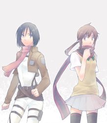 Rule 34 | 2girls, belt, black hair, brown hair, buckle, clenched hand, clenched hands, emblem, grey background, jacket, long sleeves, looking at another, looking at viewer, mikasa ackerman, multiple girls, open clothes, open jacket, pleated skirt, ponytail, radio magic, scarf, shingeki no kyojin, short hair, simple background, skirt, standing, sweater vest, thigh strap, thighhighs, yarizakura hime, yozakura quartet, zettai ryouiki