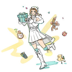 Rule 34 | 1girl, aerith gainsborough, aerith gainsborough (fairy of snowfall), alternate costume, bird, blue eyes, blue nails, boots, brown hair, chick, chocobo, christmas, coat, commentary, confetti, cookie, dangle earrings, dress, earrings, final fantasy, final fantasy vii, final fantasy vii ever crisis, fingerless gloves, food, garter belt, gift, gloves, grin, hair ribbon, hands up, happy, hat, highres, holding, holding gift, jewelry, knee boots, kneehighs, leg up, long coat, long hair, moogle, nail polish, newb ff7r, parted bangs, red ribbon, ribbon, sabotender, simple background, sleeveless, sleeveless dress, smile, socks, solo, standing, turtleneck, turtleneck dress, wavy hair, white coat, white dress, white footwear, white hat, winter, winter clothes