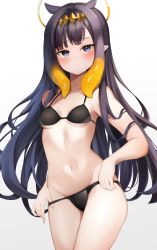 Rule 34 | 1girl, absurdres, adjusting clothes, adjusting swimsuit, animal ears, bikini, black bikini, black hair, blue eyes, blush, breasts, closed mouth, extra ears, groin, hair ornament, halo, highres, hololive, hololive english, long hair, looking at viewer, mole, mole under eye, multicolored hair, navel, ninomae ina&#039;nis, orange hair, pointy ears, purple hair, scarlet (wv0102), simple background, small breasts, solo, stomach, swimsuit, tentacle hair, thighs, very long hair, virtual youtuber, white background