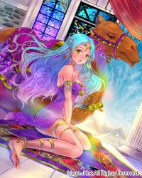 Rule 34 | 1girl, anklet, aqua hair, barefoot, between legs, breasts, camel, carpet, circlet, cleavage, company name, dress, feet, from side, gem, hand between legs, hanekoto, jewelry, long hair, open mouth, pillar, sitting, soles, solo, stained glass, toes, wariza, yellow eyes