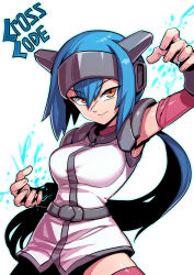 Rule 34 | 1girl, arm warmers, armor, blue hair, breasts, closed mouth, crosscode, dress, hair between eyes, helmet, highres, jacket, lea (crosscode), long hair, looking at viewer, pauldrons, ponytail, red thighhighs, scar, scar on face, scar on nose, shoulder armor, sidelocks, smile, solo, standing, thighhighs, tukiwani, white background