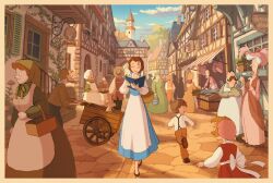 Rule 34 | basket, beauty and the beast, belle (disney), blue dress, blue ribbon, blue sky, book, brown hair, child, closed eyes, commentary, dog, dress, everyone, hair ribbon, hair strand, holding, holding basket, holding book, kurobe (kurobe613), low ponytail, reading, ribbon, sky, smile, solo focus, town