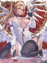 Rule 34 | 1girl, arm belt, artist name, bare shoulders, between fingers, black thighhighs, blonde hair, blue eyes, bouquet, bow, breasts, breasts apart, buttons, chain, character name, choker, collar, cross, detached sleeves, dress, eyelashes, fishnet thighhighs, fishnets, flower, gag, garter belt, garter straps, glasses, gloves, groin, gtunver, hair ornament, hair tie, halo, halterneck, hand up, headgear, heart, high ponytail, highres, holding, jewelry, kneeling, lace, large breasts, letter, lips, lipstick, loincloth, looking at viewer, makeup, mechanical halo, mechanical wings, mercy (overwatch), nurse, overwatch, overwatch 1, parted lips, pelvic curtain, perky breasts, petals, pink lips, ponytail, red-framed eyewear, red cross, red ribbon, revision, ribbon, ring, ring box, rose, semi-rimless eyewear, side slit, sleeveless, sleeveless dress, solo, spread wings, stethoscope, syringe, thick thighs, thighhighs, thighs, under-rim eyewear, unmoving pattern, white dress, white flower, white gloves, white rose, wings