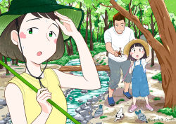 Rule 34 | 1boy, 2girls, bird, blue footwear, blunt bangs, blush, butterfly net, child, commentary request, day, family, green eyes, grey pants, hand net, hand up, hat, holding, holding butterfly net, jupachi18, multiple girls, open mouth, orange hair, original, outdoors, overalls, pants, parted lips, pigeon, pink footwear, pocket, rhinoceros beetle, river, rock, shirt, shoes, short sleeves, signature, sleeveless, sleeveless shirt, smile, standing, summer, sweat, sweatdrop, swept bangs, tree, twitter username, upper body, white shirt, wide shot, yellow shirt