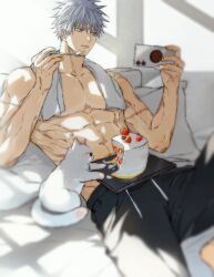 Rule 34 | 1boy, absurdres, animification, black-framed eyewear, black pants, blue eyes, blush, cake, cat, cellphone, chewing, couch, eating, feet out of frame, food, glasses, gojou satoru, highres, holding, holding phone, holding utensil, indoors, jujutsu kaisen, looking at phone, male focus, muscular, muscular male, on couch, pants, phone, scar, scar on arm, smartphone, solo, strawberry cake, towel, towel around neck, white cat, white hair, white towel, window shadow, yoon (dmsco1803)