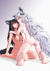Rule 34 | 2girls, animal ears, arknights, ass, black hair, blush, breasts, brown eyes, cleft of venus, commentary request, dog ears, dog tail, feet, female focus, grey hair, highres, kneeling, lappland (arknights), large breasts, long hair, messy hair, multiple girls, nipples, nude, pussy, saliva, saliva trail, sitting, soles, tail, texas (arknights), tiptoes, uncensored, very long hair, wariza, white hair, yamauchi (conan-comy), yellow eyes, yuri