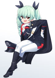 Rule 34 | 10s, 1girl, anchovy (girls und panzer), belt boots, black footwear, blue jacket, blue shirt, boots, cape, dress shirt, drill hair, full body, girls und panzer, gloves, green hair, hair ribbon, hand on own hip, hand on own chin, hat, high heels, jacket, knee boots, long hair, looking at viewer, military, military hat, military uniform, miniskirt, necktie, pantyhose, peaked cap, pencil skirt, red eyes, ribbon, riding crop, shirt, shoulder belt, simple background, single vertical stripe, sitting, skirt, smirk, smug, solo, ssberit, twin drills, twintails, uniform, white background, white gloves, white pantyhose