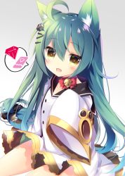 Rule 34 | 1girl, :d, ahoge, akashi (azur lane), animal ears, azur lane, bell, blunt bangs, blush, bow, buttons, cat ears, choker, collarbone, commentary request, cowboy shot, diamond (gemstone), dress, fang, gradient background, green hair, hair between eyes, hair bow, hair ornament, hairclip, hand up, hands in opposite sleeves, head tilt, jingle bell, long hair, long sleeves, looking at viewer, mole, mole under eye, nanamomo rio, neck bell, open mouth, ribbon choker, sailor dress, sidelocks, simple background, sitting, smile, solo, speech bubble, spoken object, very long hair, white dress, wide sleeves, yellow eyes