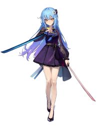 Rule 34 | 1girl, absurdres, ankle bow, ankle ribbon, bare legs, beads, black footwear, blue hair, bow, breasts, closed mouth, dot nose, dress, gradient hair, hair ornament, high heels, highres, holding, holding sword, holding weapon, katana, leg ribbon, light blue hair, long hair, looking at viewer, medium breasts, multicolored hair, original, purple dress, purple hair, ribbon, simple background, solo, standing, sword, tachi-e, two-tone hair, unsheathed, weapon, white background, white bow, yellow eyes, yoon cook