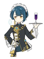 Rule 34 | 1boy, blue hair, blush, closed mouth, cropped legs, cup, earrings, genshin impact, hand on own hip, highres, holding, holding tray, jewelry, long sleeves, maid headdress, male focus, mzh, simple background, single earring, solo, tassel, tassel earrings, tray, white background, xingqiu (genshin impact), yellow eyes