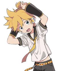 Rule 34 | 1boy, aqua eyes, arm warmers, bass clef, black collar, black sleeves, blonde hair, collar, commentary, hands up, highres, kagamine len, leaning to the side, looking at viewer, male focus, midriff peek, necktie, open mouth, sailor collar, school uniform, shamoya, shirt, short ponytail, short shorts, short sleeves, shorts, smile, spiked hair, vocaloid, white shirt, yellow neckwear