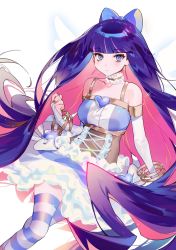 Rule 34 | 1girl, bare shoulders, blue eyes, blunt bangs, blush, bow, breasts, choker, collarbone, commentary, elbow gloves, feet out of frame, gloves, hair bow, heart, highres, long hair, looking at viewer, medium breasts, panty &amp; stocking with garterbelt, pink hair, purple hair, seoji, simple background, solo, stocking (psg), striped clothes, striped thighhighs, thighhighs, very long hair, white background, zettai ryouiki