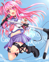 Rule 34 | 10s, 1girl, angel beats!, ankle lace-up, boots, choker, cross-laced footwear, fang, jumping, long hair, microphone, microphone stand, pink eyes, pink hair, rai (rai-s), school uniform, serafuku, solo, thigh strap, twintails, two side up, yui (angel beats!)