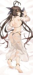 Rule 34 | 1girl, antenna hair, barefoot, blush, breasts, brown hair, dakimakura (medium), feet, full body, girls&#039; frontline, harem outfit, highres, lemures, long hair, lying, m14 (girls&#039; frontline), medium breasts, on stomach, see-through, see-through sleeves, solo, toes, twintails, very long hair, yellow eyes