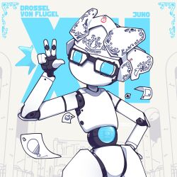 Rule 34 | 1girl, blue eyes, blue sclera, colored sclera, colored skin, deozumitofu, disney, drossel von flugel, fireball (series), glasses, highres, humanoid robot, joints, no humans, no mouth, robot, robot girl, robot joints, science fiction, solo, v, white skin
