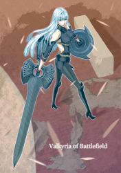 Rule 34 | 00s, 1girl, aura, bare shoulders, blue hair, boots, detached sleeves, english text, engrish text, female focus, gloves, high heels, highres, knee boots, lance, long hair, looking back, military, military uniform, miniskirt, pantyhose, polearm, ranguage, red eyes, sami (object dump), selvaria bles, senjou no valkyria (series), senjou no valkyria 1, shield, side slit, silver hair, skirt, solo, spear, standing, uniform, weapon