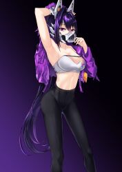 Rule 34 | 1girl, absurdres, arm up, armpits, bandeau, bare shoulders, black pants, breasts, cleavage, commentary request, feet out of frame, goddess of victory: nikke, gradient background, hair between eyes, hand up, highres, jacket, kipdrew, large breasts, leggings, long hair, long sleeves, mask, midriff, mouth mask, navel, pants, purple background, purple eyes, purple hair, purple jacket, sin (nikke), solo, standing, stomach, strapless, thighs, tube top, very long hair