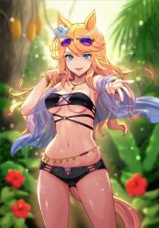 Rule 34 | 1girl, :d, animal ears, armpits, bare shoulders, belly chain, bikini, black bikini, blonde hair, blue eyes, blurry, blurry background, bracelet, breasts, cleavage, collarbone, commentary, cowboy shot, d-n, eyewear on head, gluteal fold, gold city (umamusume), gyaru v, hands up, horse ears, horse girl, horse tail, jewelry, long hair, looking at viewer, medium breasts, navel, necklace, o-ring, off shoulder, open mouth, see-through, see-through shirt, sidelocks, smile, solo, standing, stomach, sunglasses, swept bangs, swimsuit, tail, umamusume, underboob, v