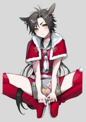 Rule 34 | 1girl, air shakur (umamusume), animal ears, arm tattoo, between legs, black hair, boots, capelet, christmas, copyright name, eyebrow piercing, grey background, holding, holding laptop, horse ears, horse girl, jewelry, laptop, long hair, multiple rings, nail polish, parted bangs, piercing, red nails, red shorts, ring, sailor collar, santa costume, shorts, simple background, solo, spread legs, sticker, sweatdrop, tan (inka), tattoo, thigh boots, thighhighs, umamusume, yellow eyes