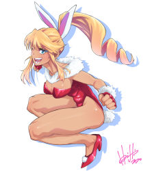 Rule 34 | 1girl, animal ears, blonde hair, blue eyes, breasts, cleavage, commentary request, dark-skinned female, dark skin, drill hair, fake animal ears, female focus, fingerless gloves, full body, fur-trimmed gloves, fur trim, gloves, high heels, highres, hori shin, leotard, long hair, looking at viewer, medium breasts, mutsuha mika, playboy bunny, ponytail, rabbit ears, rabbit tail, red footwear, red gloves, red leotard, simple background, single drill, solo, squatting, tail, tan, virtual youtuber, white background, zero project