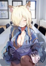 Rule 34 | 1girl, absurdres, animal ear fluff, animal ears, armband, blonde hair, blue archive, blue jacket, blue shirt, blue skirt, bra, breasts, cleavage, clenched teeth, closed eyes, cup, facing viewer, gloves, hair over one eye, highres, indoors, jacket, kanna (blue archive), large breasts, long hair, long sleeves, mug, open clothes, pantyhose, pencil skirt, qqkkay, sharp teeth, shirt, sketch, skirt, solo, spill, sweat, table, teeth, underwear, window