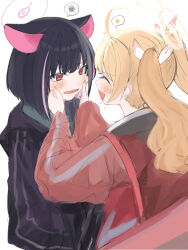 Rule 34 | 2girls, animal ears, bag, black hair, blonde hair, blue archive, blush, cheek pull, closed eyes, hair ribbon, heart, highres, hood, hood down, hooded jacket, jacket, kazusa (blue archive), long hair, long sleeves, multiple girls, open mouth, pink hair, ran (bearsoymilk), red eyes, red jacket, ribbon, short hair, simple background, sparkle, spoken heart, spoken squiggle, squiggle, track jacket, twintails, upper body, white background, yoshimi (blue archive)