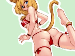 Rule 34 | 00s, 1girl, animal ears, anklet, ass, barefoot, bikini, blonde hair, blue eyes, breasts, cat ears, cat girl, cat tail, feet, final fantasy, final fantasy xi, gochou (kedama), jewelry, large breasts, long hair, looking at viewer, looking back, mithra (ff11), red bikini, shiny skin, sketch, solo, swimsuit, tail, underboob