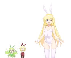 Rule 34 | 3girls, :d, ;d, ^ ^, absurdres, alice (black souls), animal ears, bare shoulders, black choker, black souls, blonde hair, blue eyes, breasts, brown legwear, chain, chibi, choker, cleavage, closed eyes, collarbone, covered navel, fairy, fairy wings, fake animal ears, gluteal fold, green hair, green leotard, green wings, highres, holding, holding knife, knife, leaf (black souls), leotard, long hair, motion lines, multiple girls, no mouth, one eye closed, open mouth, pantyhose, playboy bunny, pointy ears, rabbit ears, red choker, red hood (black souls), red leotard, ribbonsnek, short hair, small breasts, smile, strapless, strapless leotard, teeth, thighhighs, very long hair, white legwear, white leotard, wings, wrist cuffs