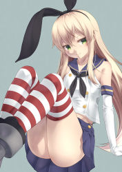 Rule 34 | 1girl, animal ears, blonde hair, commentary request, elbow gloves, fake animal ears, gloves, green eyes, hair between eyes, hairband, kantai collection, kouji (campus life), long hair, looking at viewer, neckerchief, pleated skirt, rabbit ears, school uniform, serafuku, shimakaze (kancolle), shirt, sitting, skirt, sleeveless, sleeveless shirt, smile, solo, striped clothes, striped thighhighs, thighhighs