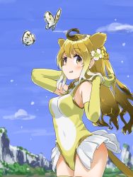 Rule 34 | 1girl, absurdres, alternate hairstyle, animal ears, bare shoulders, blonde hair, braid, bug, butterfly, cowboy shot, elbow gloves, extra ears, flower, frilled leotard, frills, gloves, golden snub-nosed monkey (kemono friends), hair flower, hair ornament, hand in own hair, highres, insect, iwa (iwafish), kemono friends, leotard, long hair, monkey ears, monkey girl, monkey tail, sleeveless, solo, tail, yellow eyes, yellow gloves, yellow leotard