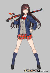 Rule 34 | 1girl, black footwear, blazer, blue jacket, blue socks, brown hair, copyright name, full body, grey background, grey sweater, gun, hair ornament, hairclip, hand on own hip, holding, holding gun, holding weapon, jacket, kneehighs, long hair, long sleeves, looking at viewer, official art, plaid, plaid skirt, pocket, pota (bluegutty), red eyes, red skirt, reki connect, school uniform, simple background, skirt, smile, socks, solo, standing, sweater, sweater vest, tachi-e, very long hair, watermark, weapon