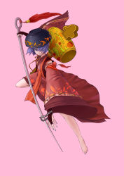 Rule 34 | 1girl, absurdres, adapted costume, barefoot, bowl, bracelet, bridal gauntlets, chongtian yixiao shualuanfei, detached sleeves, full body, hair over one eye, hat, highres, japanese clothes, jewelry, kimono, mallet, miracle mallet, nail polish, needle, pink background, purple eyes, purple hair, sewing needle, simple background, solo, sukuna shinmyoumaru, tassel, touhou