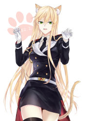 Rule 34 | 1girl, absurdres, animal ears, animal hands, belt, black necktie, blonde hair, blouse, breasts, cat day, cat ears, cat girl, cat tail, claw pose, dated, fang, girls&#039; frontline, gloves, green eyes, highres, jacket, long hair, looking at viewer, medium breasts, military, necktie, open mouth, paw pose, shirt, solo, standing, stg44 (girls&#039; frontline), suprii, tail, thighhighs, uniform, white background, white gloves, white shirt, zettai ryouiki