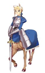 Rule 34 | 1girl, ahoge, animal ears, aqua eyes, armor, artoria pendragon (fate), blonde hair, braid, breastplate, centaur, excalibur (fate/stay night), fate/stay night, fate (series), gauntlets, hair ribbon, holding, holding sword, holding weapon, horse ears, monster girl, ribbon, saber (fate), simple background, solo, sword, taosym, taur, weapon, white background