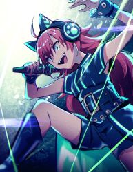Rule 34 | 1girl, :d, ahoge, animal ear headphones, animal ears, bang dream!, belt, blue eyes, boots, cat ear headphones, corset, fake animal ears, headphones, highres, holding, holding microphone, knee boots, long hair, microphone, open mouth, paw print, red hair, shiontaso, shorts, smile, solo, tamade chiyu, v-shaped eyebrows, very long hair, wrist cuffs