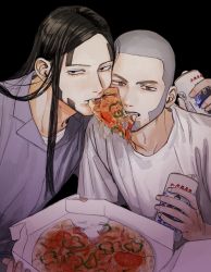 Rule 34 | 2boys, beer can, black background, black eyes, black hair, brown eyes, can, drink can, eating, food, golden kamuy, grey hair, highres, holding, holding can, long hair, male focus, multiple boys, oosawa fusatarou, pizza, pizza box, pizza slice, shared food, shiraishi yoshitake, shirt, sideburns, white shirt, ygrygry