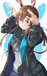 Rule 34 | 1girl, absurdres, amiya (arknights), animal ears, arknights, black jacket, blue background, blue eyes, blue skirt, blush, brown hair, collar, cowboy shot, earpiece, eyelashes, frilled collar, frills, hair between eyes, highres, jacket, jewelry, long hair, long sleeves, looking at viewer, multiple rings, neck ring, outline, parted lips, pendant, plaid, plaid skirt, rabbit ears, rabbit pose, ribbed sweater, ring, simple background, skirt, solo, sweater, takechii, two-tone background, white background, white sweater