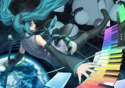 Rule 34 | 1girl, aqua eyes, aqua hair, aqua nails, detached sleeves, earth (planet), hatsune miku, instrument, keyboard, keyboard (instrument), long hair, microphone, microphone stand, nail polish, necktie, outstretched arm, planet, ryuutetsu, skirt, sky, solo, space, star (sky), starry sky, synthesizer, thighhighs, twintails, vocaloid, zettai ryouiki