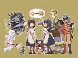 Rule 34 | 2boys, 4girls, alice (ragnarok online), apron, armor, armored boots, asymmetrical legwear, bare shoulders, black cat, black dress, black hair, black legwear, blonde hair, book, boots, breastplate, breasts, broom, brown legwear, candelabra, candlestand, cape, cat, chainmail, cleavage, closed mouth, colored skin, commentary request, cross, dark-skinned male, dark frame, dark skin, dreadlocks, dress, eating, fake wings, food, fork, frilled apron, frilled skirt, frills, full body, gauntlets, half mask, head wings, holding, holding broom, holding fork, holding whip, horns, juliet sleeves, leg armor, long hair, long sleeves, looking at another, lord knight (ragnarok online), maid, maid headdress, marionette, marionette (ragnarok online), mask, mirror, mismatched legwear, monster, multiple boys, multiple girls, necktie, nyt (1-0-z), open mouth, orange wings, pauldrons, peco peco, pink dress, pointy ears, puffy sleeves, puppet, ragnarok online, red cape, red legwear, red mask, red neckwear, rideword (ragnarok online), riding, sageworm, short hair, shoulder armor, simple background, skirt, smile, spoken object, standing, stirrups (riding), tabard, whip, white apron, white hair, white skin, wildrose, wings, worm, zealotus
