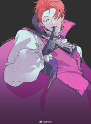 Rule 34 | 1boy, alternate costume, alternate hairstyle, ascot, finger to mouth, from below, halloween costume, hand fan, highres, hisoka morow, hunter x hunter, killuaz1130, looking at viewer, male focus, red hair, short hair, shushing, smile, solo, vampire costume