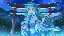Rule 34 | 1girl, absurdres, bare shoulders, blue eyes, blue skirt, blush, closed mouth, collared shirt, commentary request, cowboy shot, detached sleeves, forest, frog hair ornament, gohei, green hair, hair ornament, highres, holding, holding gohei, jiege, kochiya sanae, long hair, looking at viewer, mountain, nature, night, night sky, shirt, skirt, sky, sleeveless, sleeveless shirt, snake hair ornament, solo, star (sky), starry sky, torii, touhou, very long hair, white shirt, white sleeves, wide sleeves, wing collar