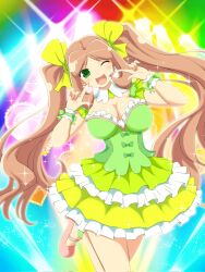 Rule 34 | 1girl, blush, bow, breasts, brown hair, bustier, cleavage, detached collar, dress, frilled dress, frills, green bow, green dress, green eyes, hair bow, headset, heart, highres, idol, idol clothes, large breasts, light particles, long hair, looking at viewer, official art, one eye closed, open mouth, pink footwear, senran kagura, senran kagura new wave, smile, solo, sparkle, stage lights, standing, tamaki (senran kagura), tongue, twintails, white wrist cuffs, wrist bow, wrist cuffs, yaegashi nan