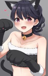 Rule 34 | 1girl, animal ears, animal hands, bell, black choker, blue hair, blush, breasts, cat ears, cat paws, cat tail, choker, cleavage, collarbone, dark blue hair, emu 1316, extra ears, fang, fukumaru koito, fur-trimmed gloves, fur-trimmed tube top, fur trim, gloves, heart, highres, idolmaster, idolmaster shiny colors, looking at viewer, neck bell, paw gloves, ponytail, skin fang, small breasts, smile, solo, strapless, tail, tube top, upper body