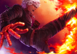 Rule 34 | 1boy, absurdres, biker clothes, clenched hand, crop top, cropped jacket, cross, dark-skinned male, dark skin, fingerless gloves, fire, food fighter 441, glasses, gloves, highres, jacket, jewelry, k&#039; (kof), kicking, male focus, necklace, open mouth, pyrokinesis, short hair, snk, solo, sunglasses, the king of fighters, white hair