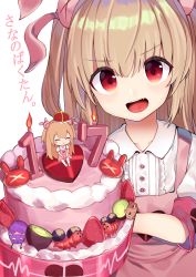 1girl absurdres ajishio_(loli_king) apron armband brown_hair cake commentary_request female_focus food hair_ornament highres long_hair looking_at_viewer natori_sana open_mouth portrait red_eyes sana_channel solo translation_request virtual_youtuber white_background