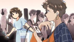 Rule 34 | 2girls, blue dress, blue shirt, blush, brown eyes, brown hair, cellphone, cellphone photo, closed mouth, commentary request, dot nose, dress, earbuds, earphones, earrings, from side, glint, highres, holding, holding microphone, holding phone, hoop earrings, jewelry, kojiro337, long sleeves, looking at another, microphone, mole, mole under eye, multiple girls, orange sweater, original, parted lips, people, phone, profile, puffy short sleeves, puffy sleeves, shirt, short hair, short sleeves, sidelocks, signature, smartphone, smile, sweater, upper body