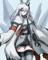 Rule 34 | 1girl, animal ear fluff, animal ears, arknights, black gloves, black skirt, black thighhighs, boots, coat, commentary, dress, english commentary, fangs (fangs art), frostnova (arknights), frown, gloves, grey eyes, grey hair, hair ornament, hair over one eye, hairclip, highres, knee boots, long hair, rabbit ears, rabbit girl, scar, scar on face, scar on nose, skirt, solo, thighhighs, white coat, white dress, white footwear, zettai ryouiki