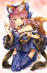 Rule 34 | 10s, 1girl, :d, absurdres, amane tari, animal ears, bare shoulders, blue bow, blue kimono, blue thighhighs, bow, brown eyes, commentary request, detached sleeves, fang, fate/extra, fate (series), fox ears, fox girl, fox shadow puppet, fox tail, hair between eyes, hair bow, hands up, highres, japanese clothes, kimono, kneeling, long hair, long sleeves, looking at viewer, no shoes, obi, open mouth, pink hair, sash, sidelocks, smile, solo, strapless, tail, tamamo (fate), tamamo no mae (fate/extra), thighhighs, twintails, wide sleeves