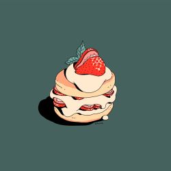 Rule 34 | aqua background, artist name, cake, choo, dessert, food, food focus, fruit, highres, leaf, no humans, original, shadow, signature, simple background, strawberry, strawberry shortcake